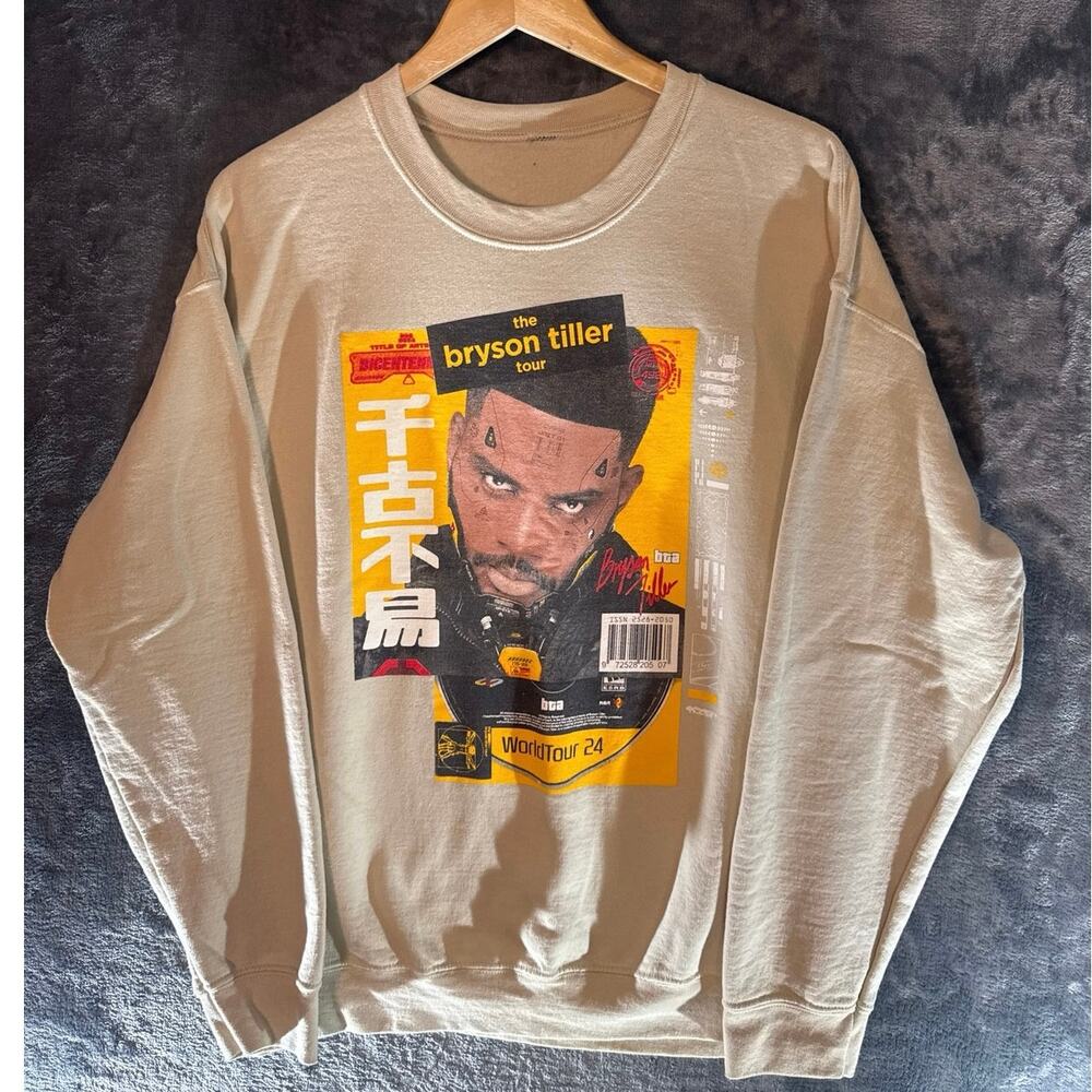 Rap x Official Bryson Tiller World Tour 2024 BTA Crewneck Sweatshirt Beige XL